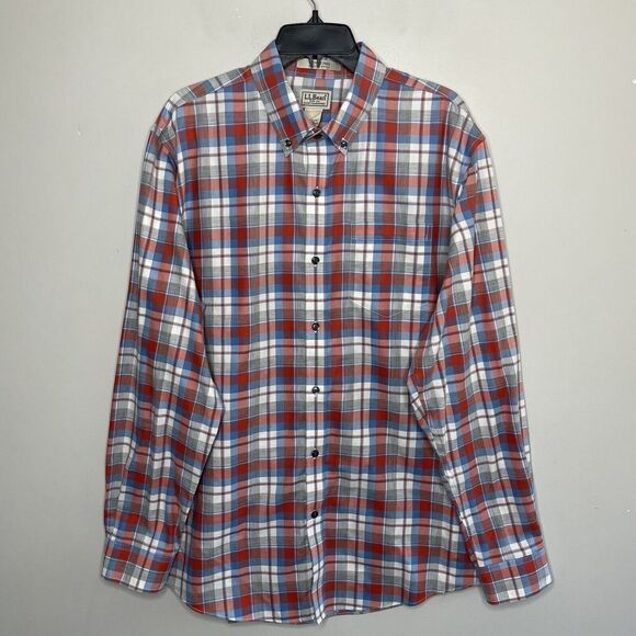 LL BEAN Shirt Mens Large L Plaid Wrinkle-Free Slightly Fitted Button Down Red - Picture 1 of 8